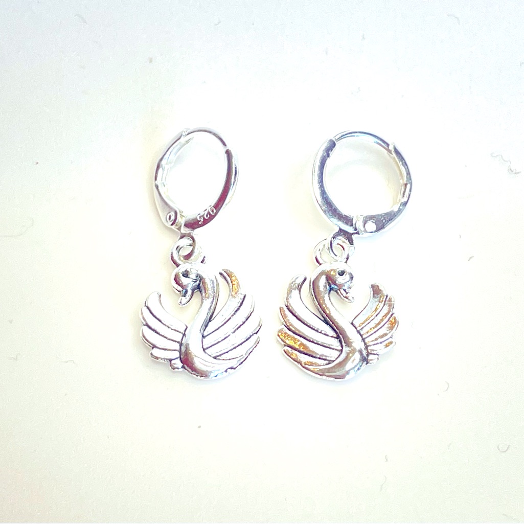 Swan Earrings Sterling Silver Hoops Huggies 1” Dangling Bird Jewelry Y2k